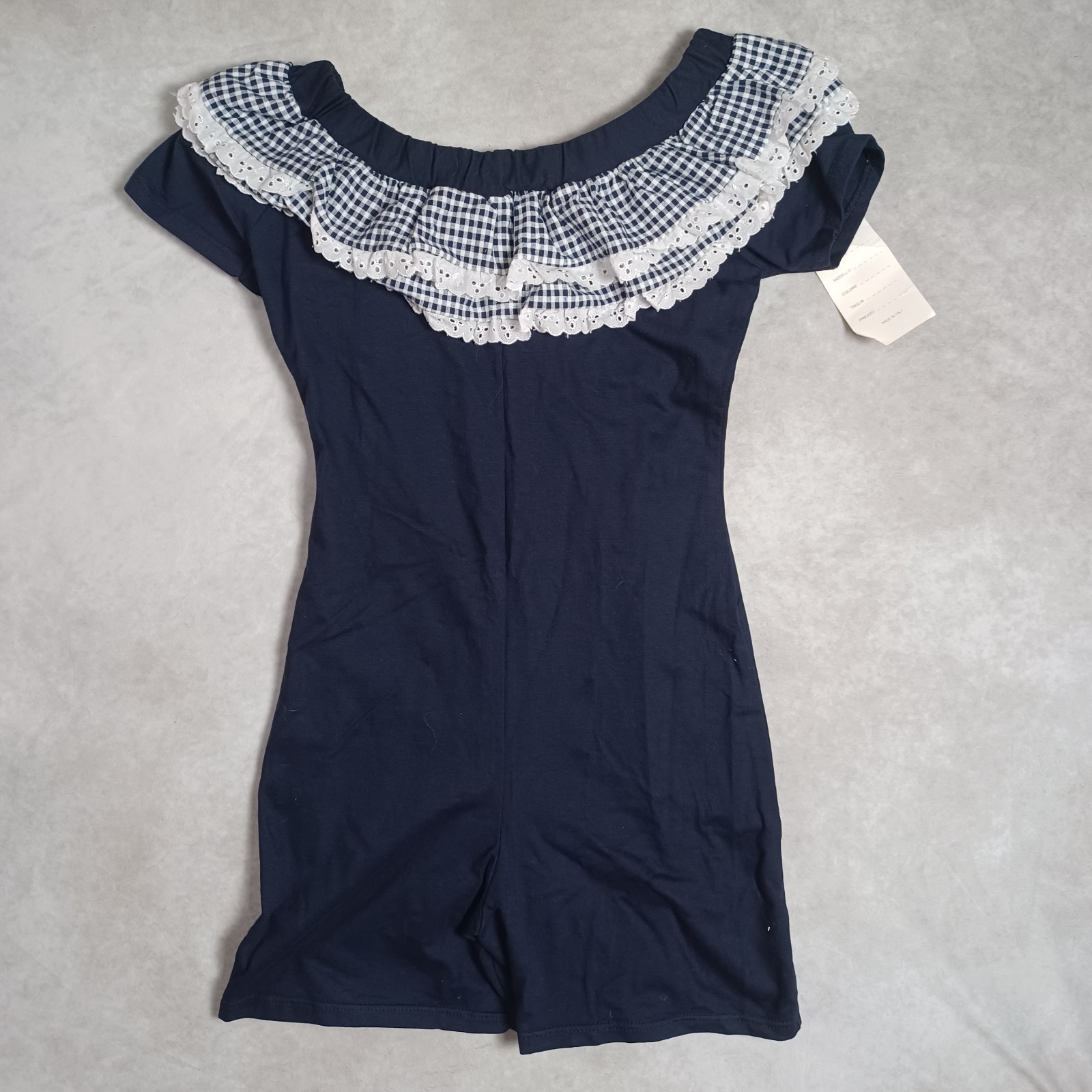 Retro 60s Ruffle Playsuit Romper Womens XS Gingham Off The Shoulder Lolita Navy