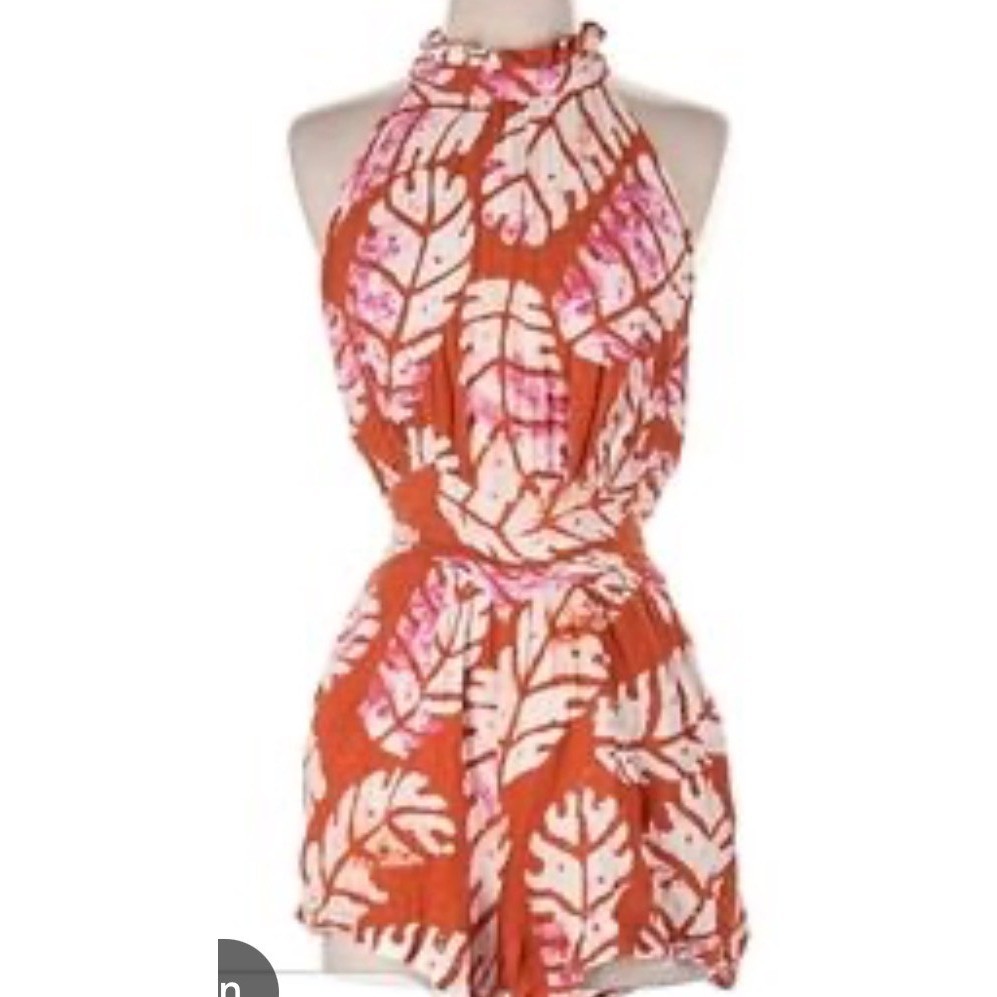 Nicole Miller New York Romper Womens Medium Rust Pink Tropical Leaf Halter