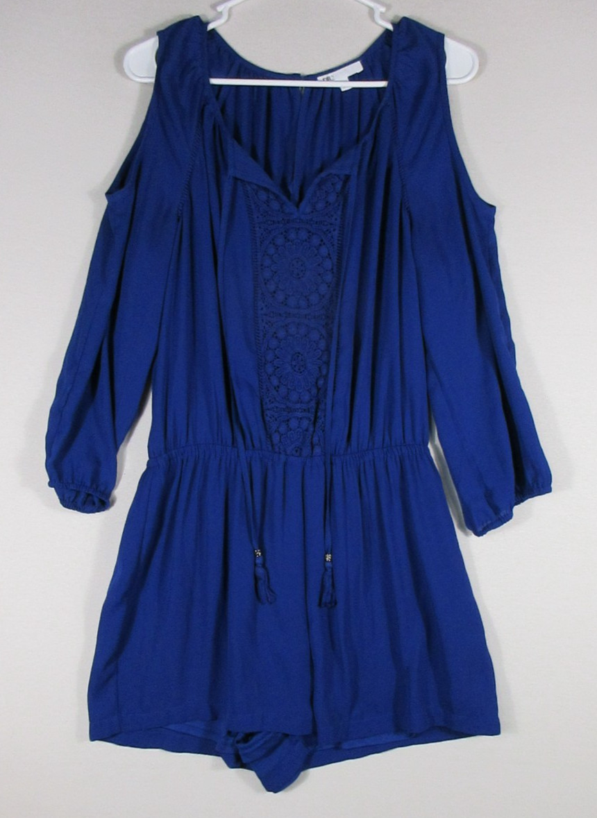 DR2 Womens Tie Front Lined Romper Embroidered Back Button Size M Blue