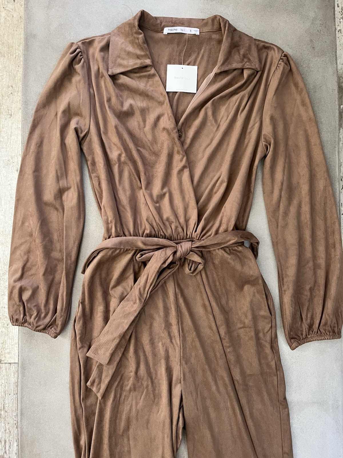 FRAICHE BY J Faux Suede Belted Long Sleeve Jumpsuit In Taupe Size Small NWT