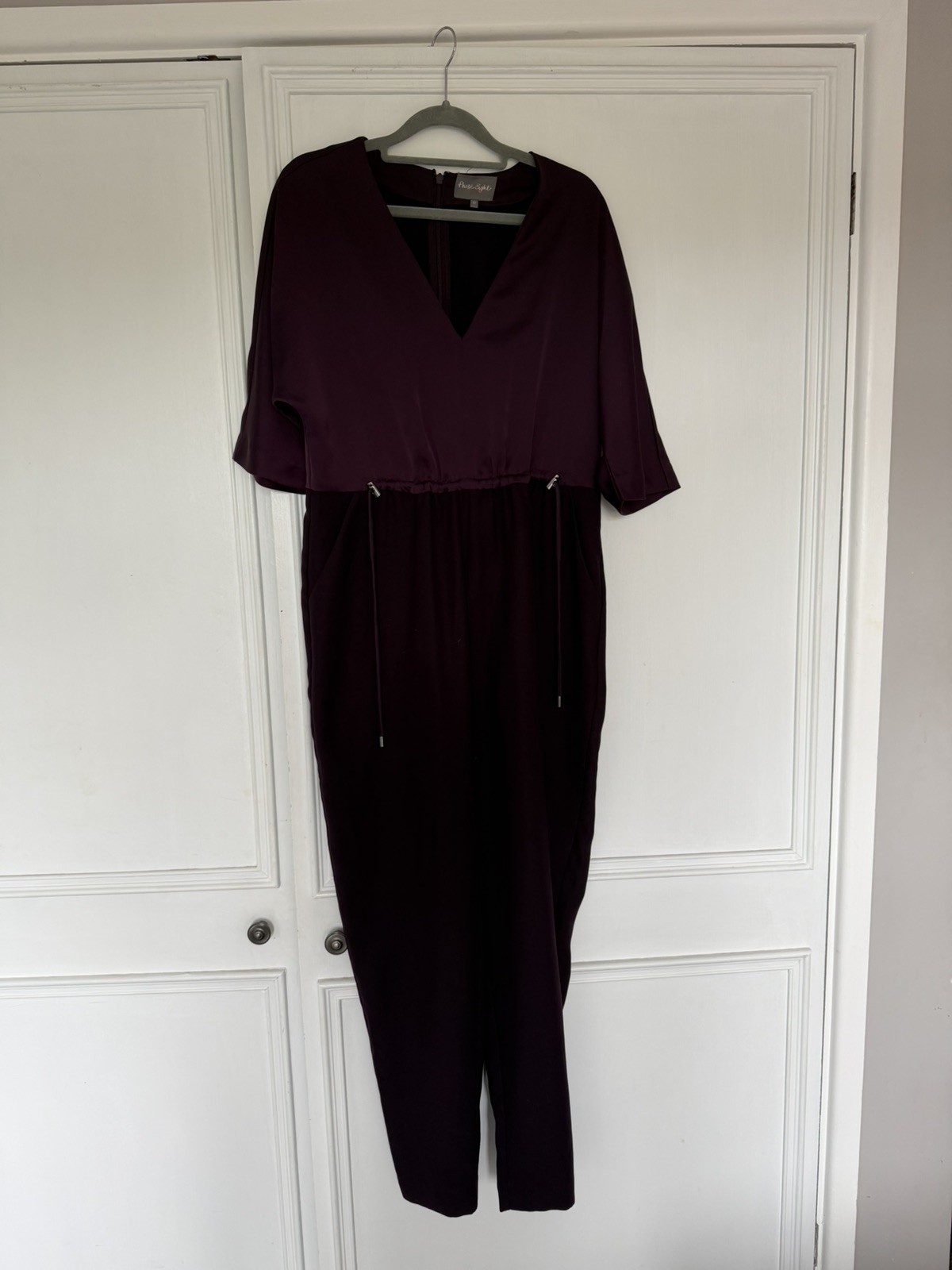 Phase Eight Amara Fig Purple Satin Top Jumpsuit, Zip Down, V-neck, Size 12