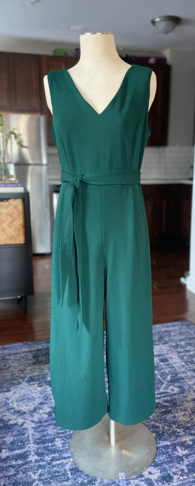 Calvin Klein Emerald Green Wide Leg Cropped Jumpsuit Belted V-Neck Size 12