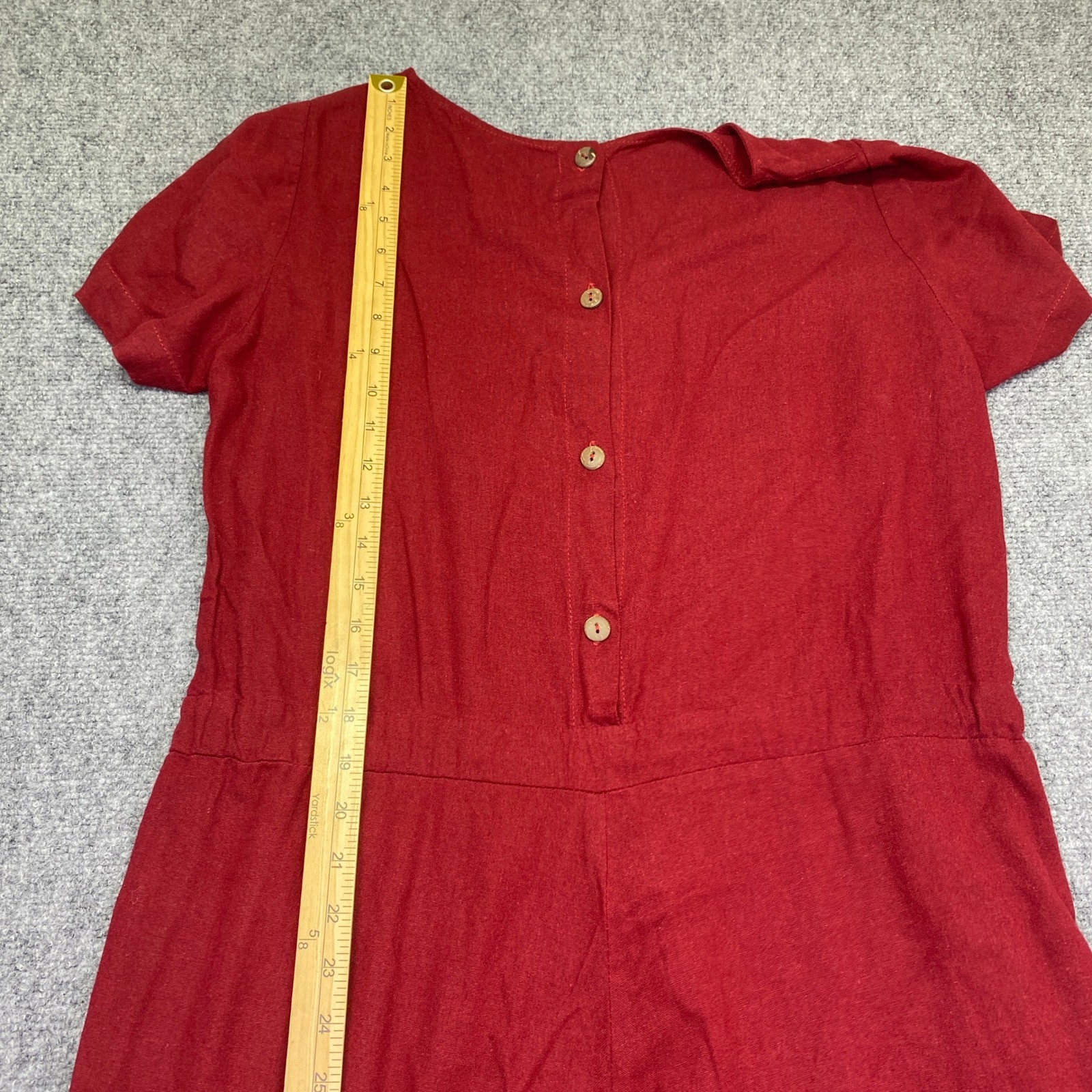 Linen Blend Short Sleeve Wide Leg Jumpsuit Red Wine Button Back Tie Waist