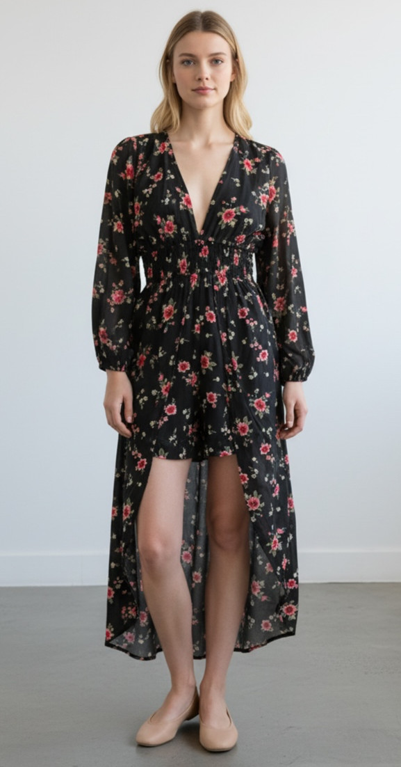 Indulge Floral High-Low Romper Dress Size Medium Black Cutout Long Sleeve Boho