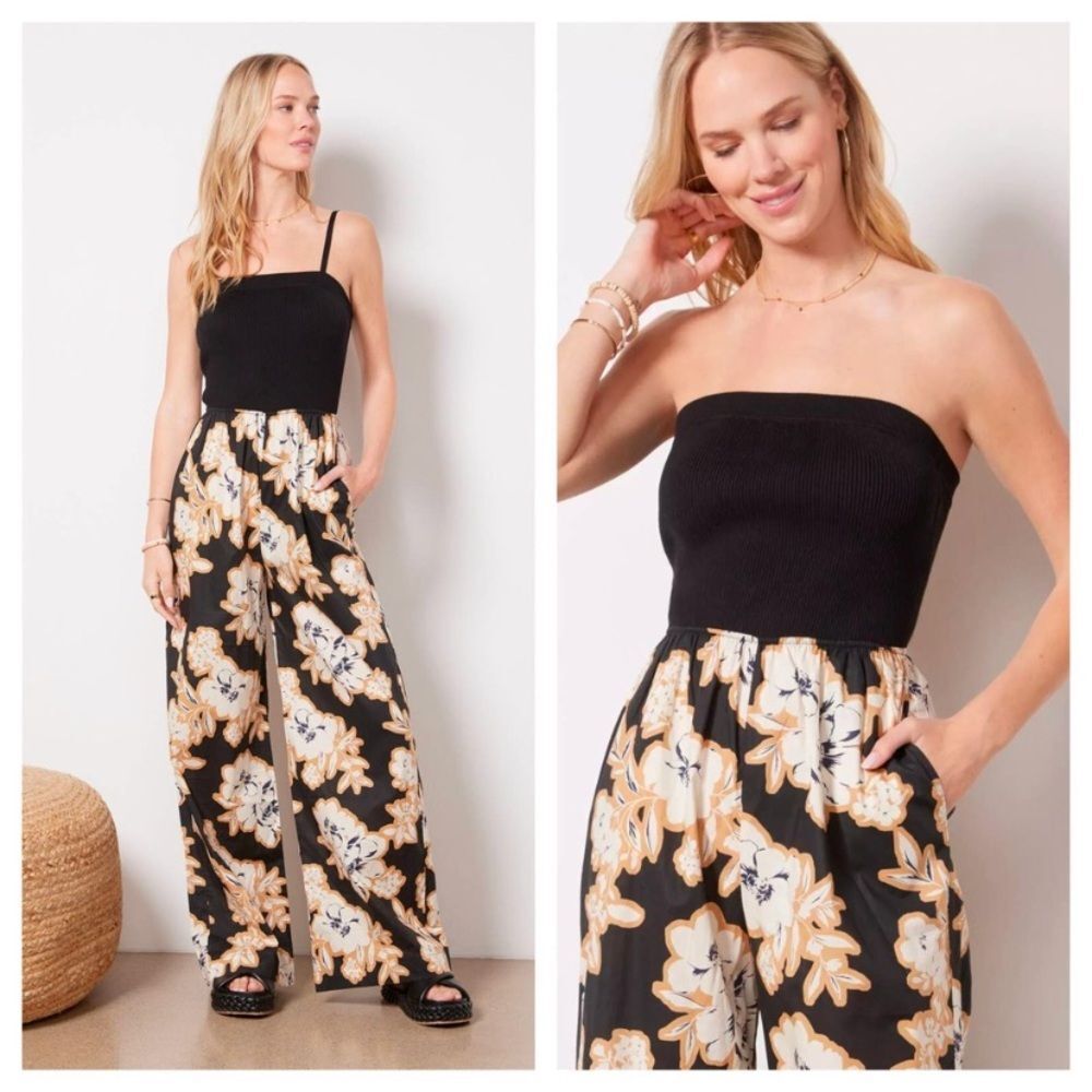 Evereve Miley ribbed bodice wide leg black floral Jumpsuit size xs pockets