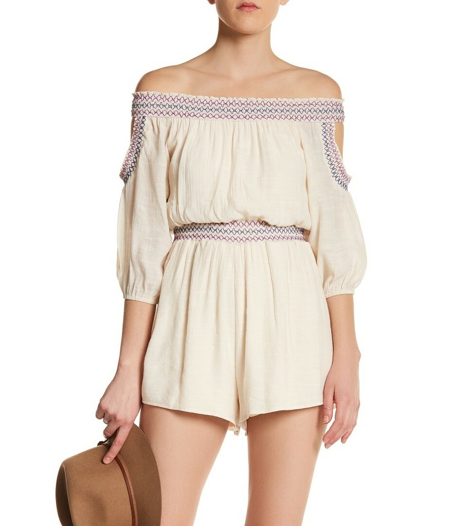 Tassels N Lace Natural Off-the-Shoulder Puff Sleeve Romper Sz. Large 151014
