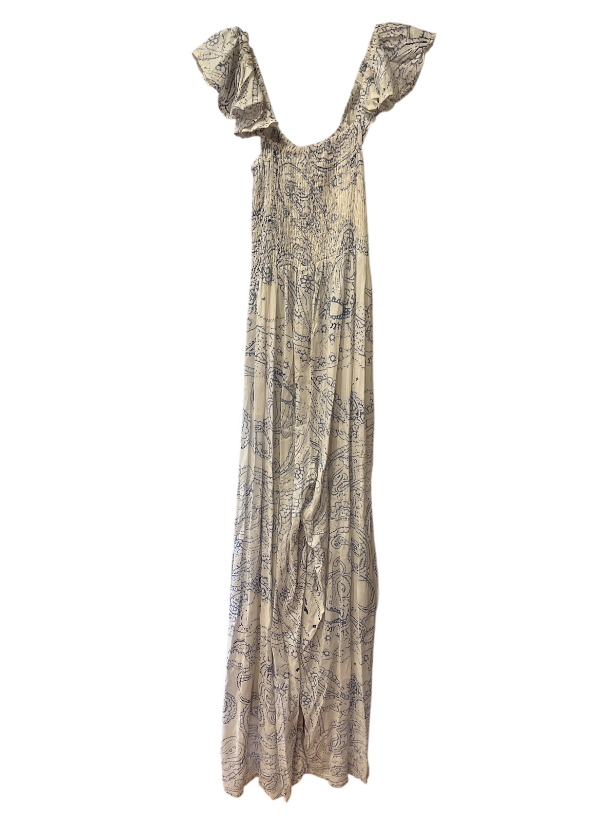 Boho Me Jumpsuit Womens XS Wide Leg Smocked Blue Paisley Ruffle Straps
