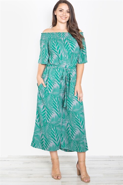 Womens Plus Size Green and Grey Jumpsuit 2XL Off Shoulder Wide Leg