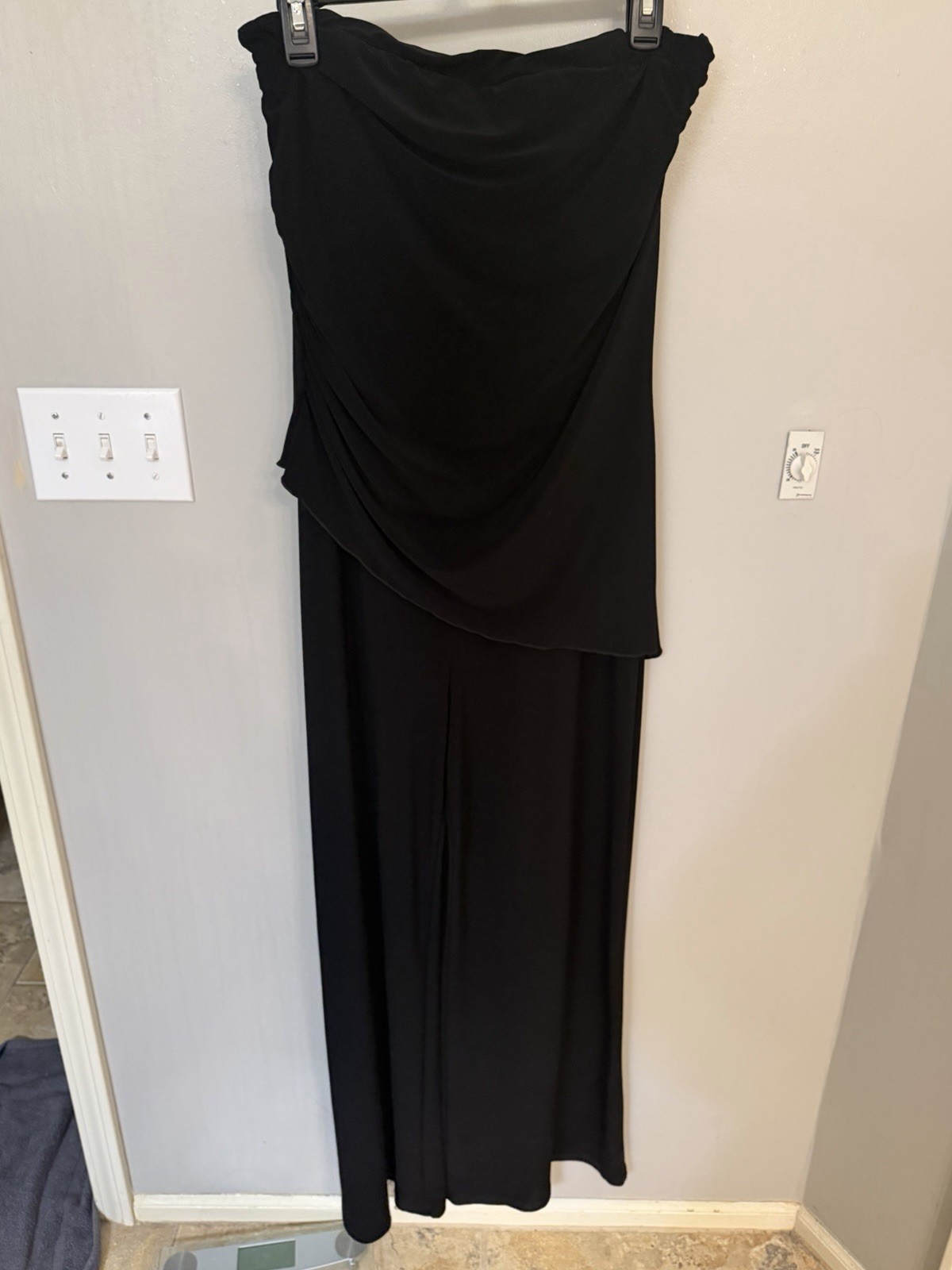 White House Black Market Black Strapless Jumpsuit Wide Leg Draped Overlay Sz M