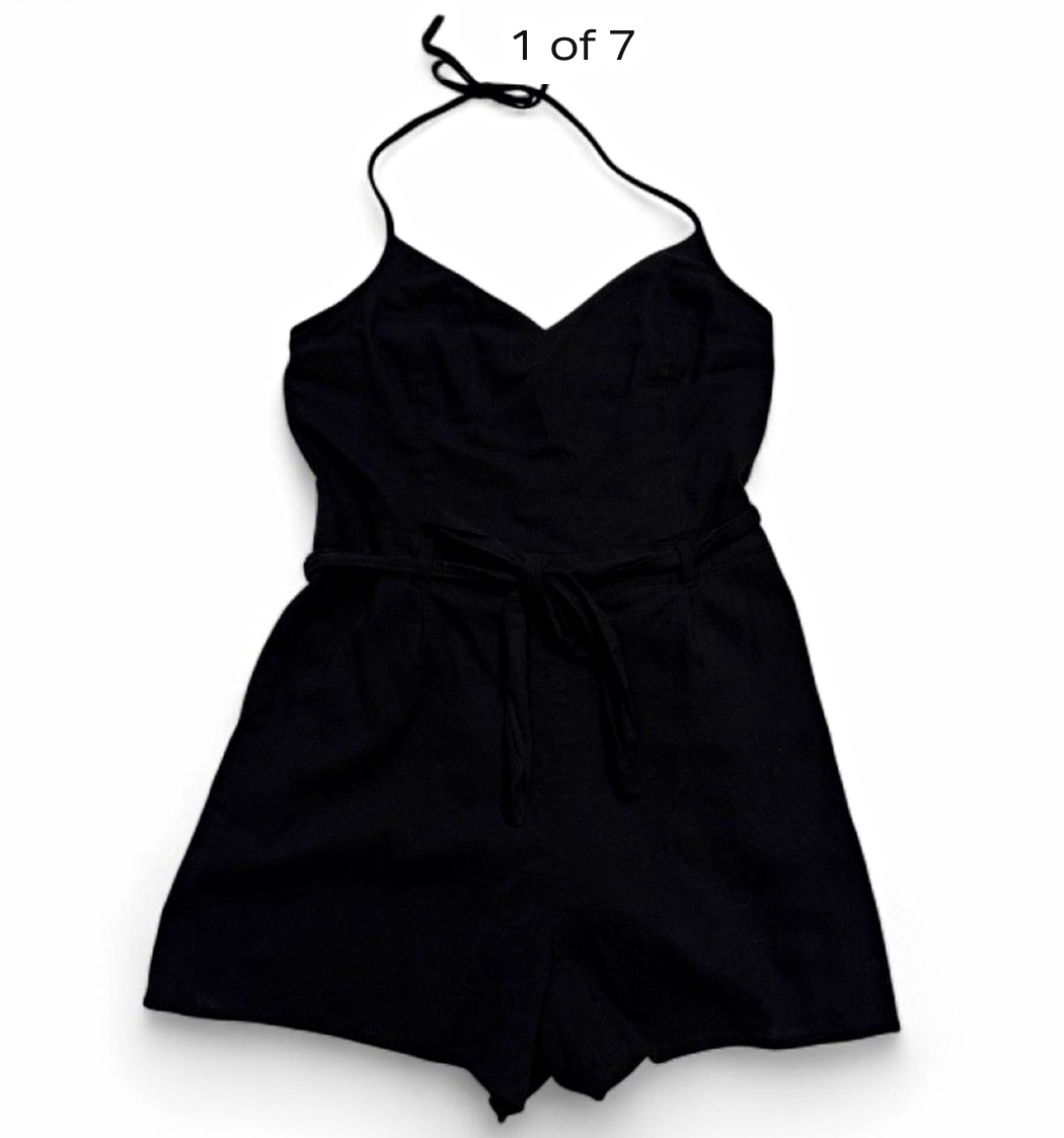 Hollister Black Woven Cotton Romper V-Neck Halter Tie Waist SZ. L 2” inseam