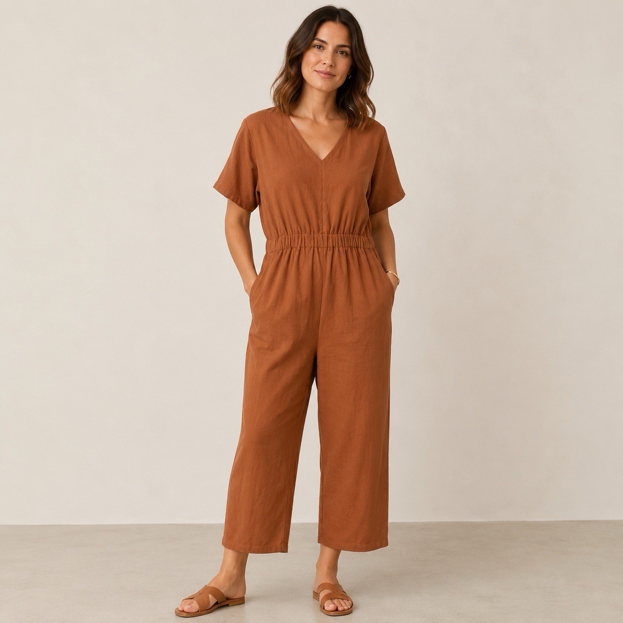 Eileen Fisher Organic Linen Lyocell Cropped Wide Leg Jumpsuit L Rust Brown Boho
