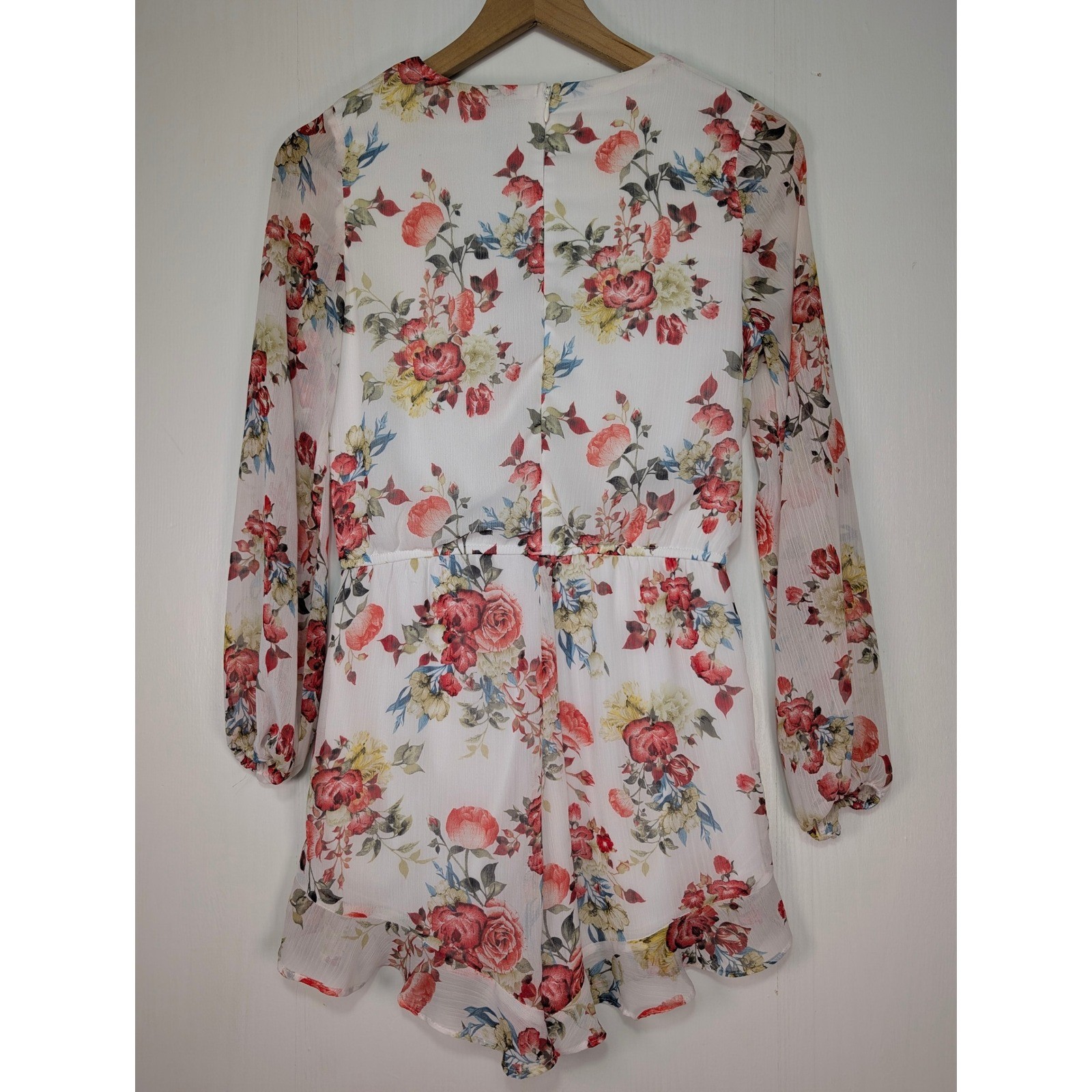 Disney Beauty and the Beast Floral Romper White Rose Lace Up Long Sleeve Small