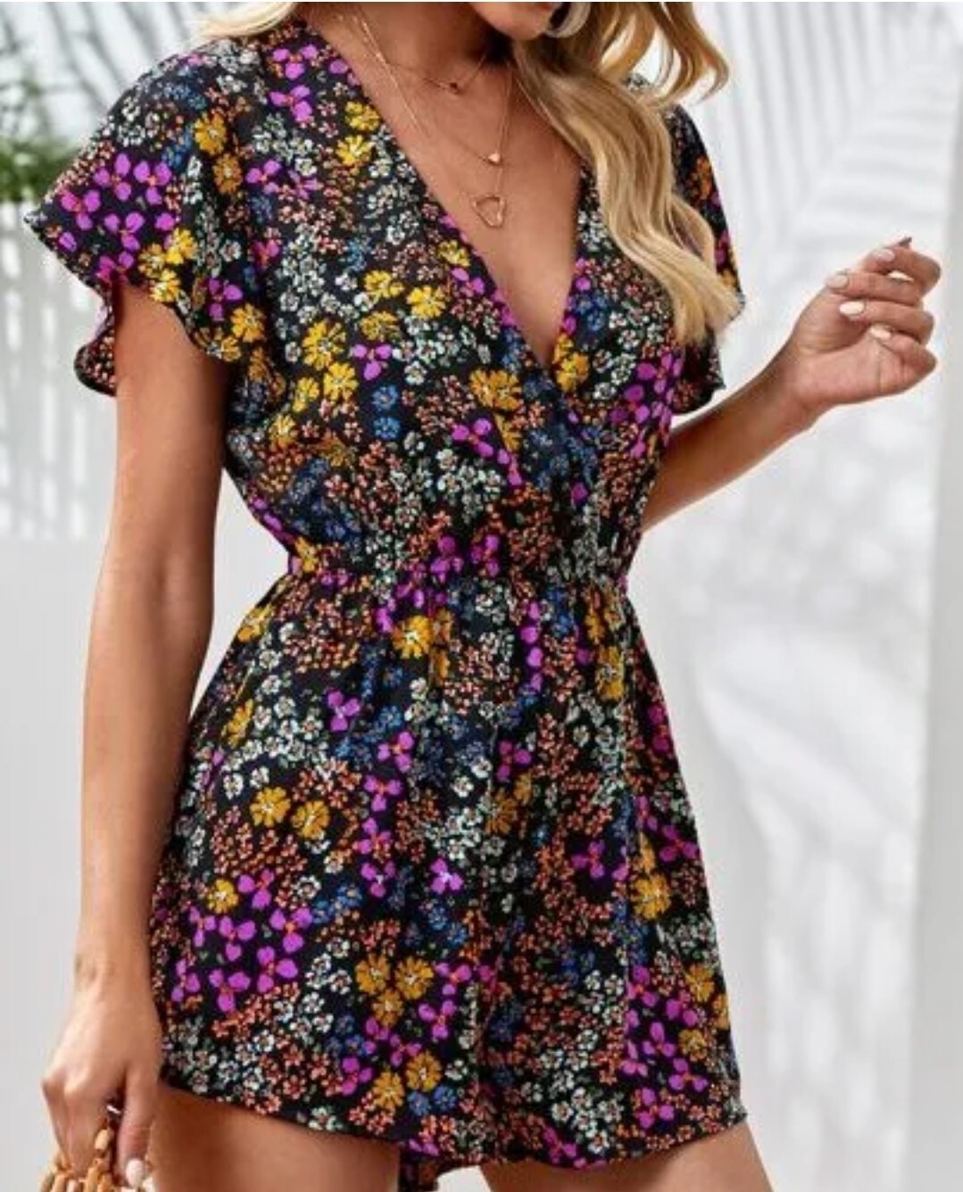 SHEIN Romper Shorts Black Ditzy Floral Faux Wrap Top Flutter Sleeves 6 Medium