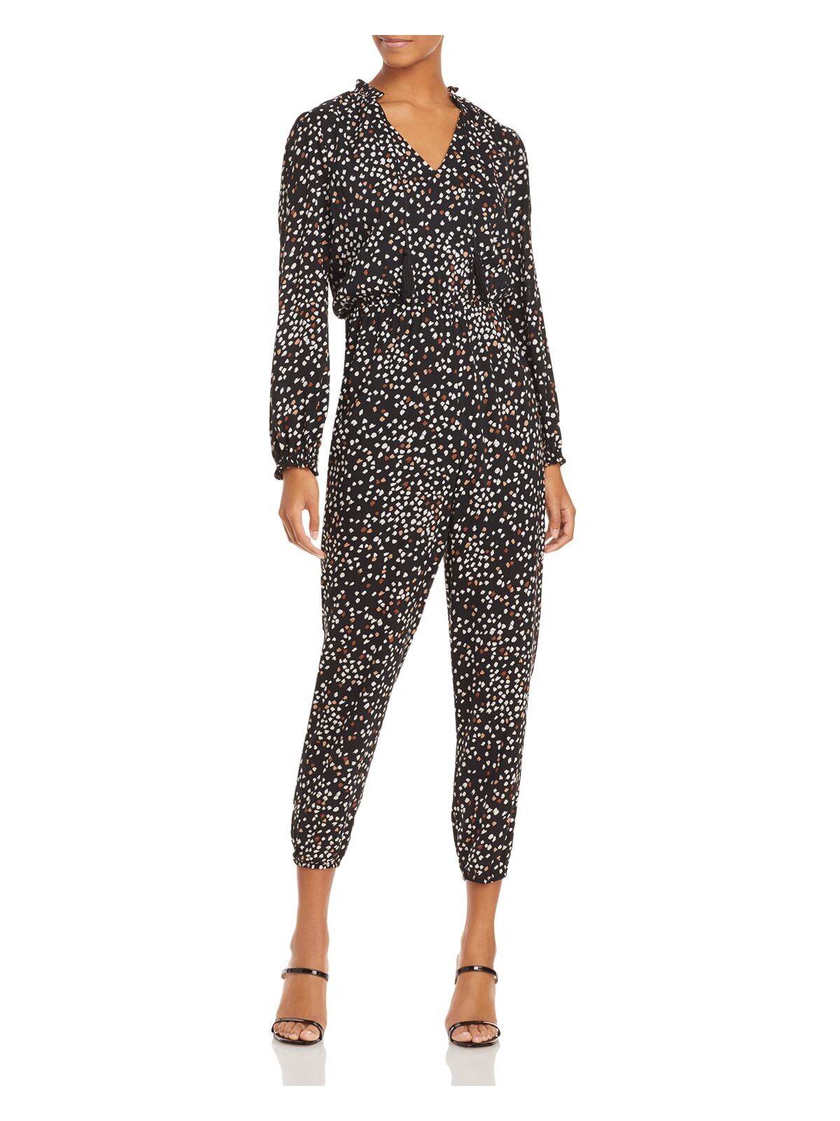 AQUA Womens Cropped Jumpsuit Black V Neck Printed XS