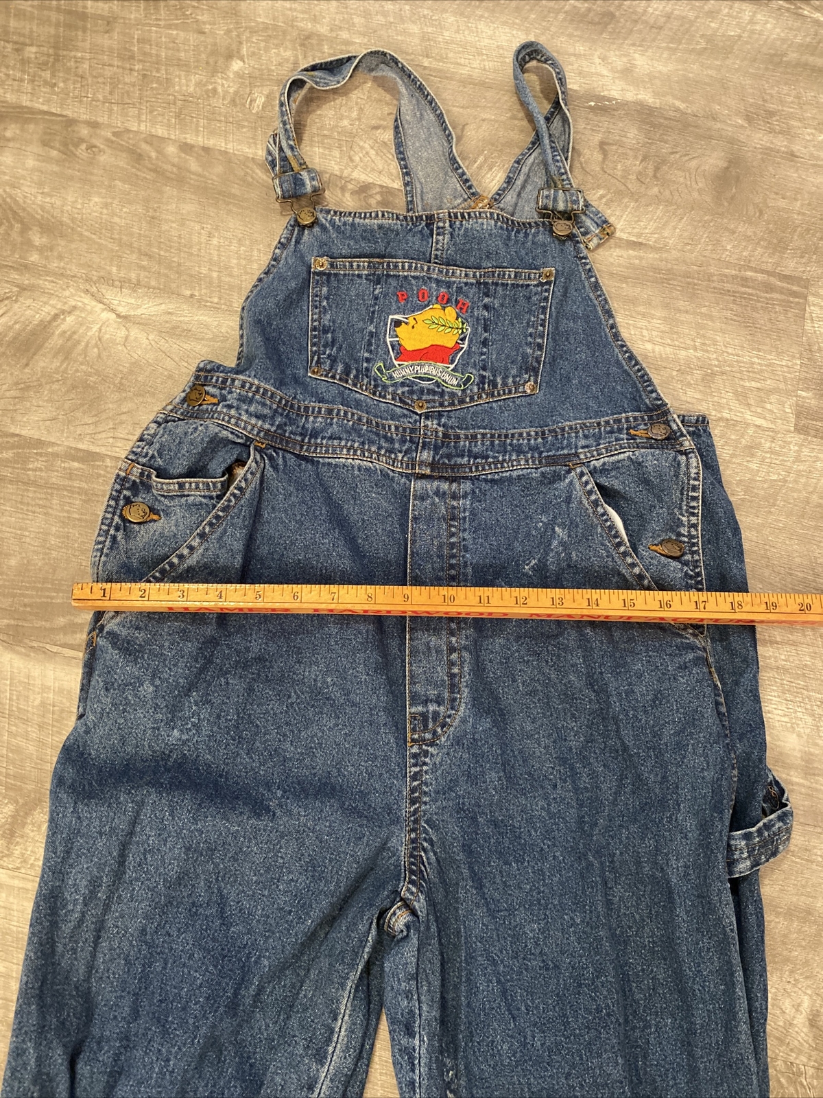 VTG Winnie The Pooh Hunny Size Medium Blue Jean Denim Overalls Distressed