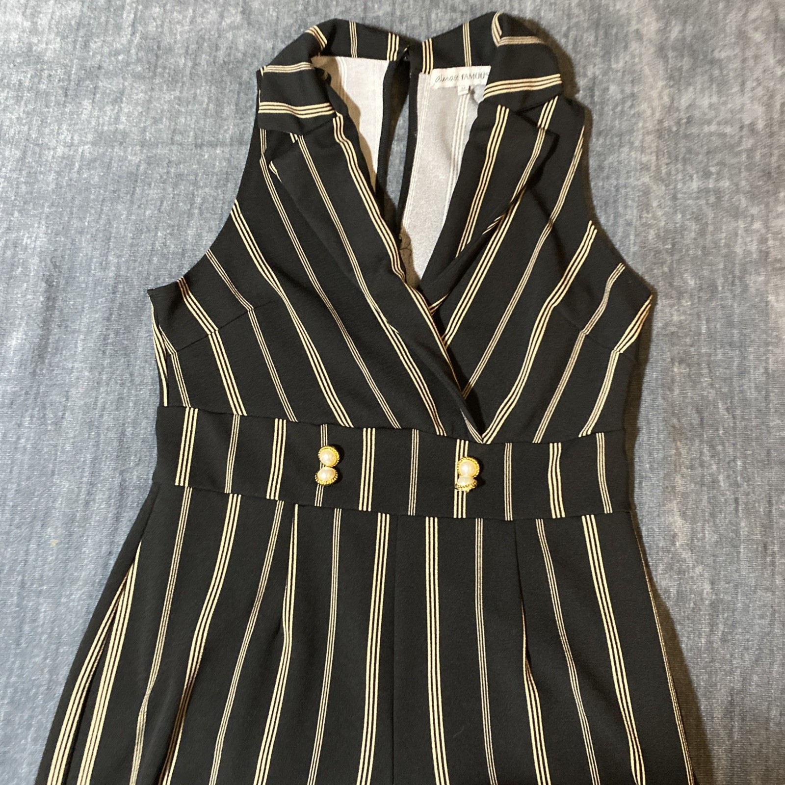 Almost Famous Jumpsuit Women’s Size 2X Black/gold Stripe Sleeveless