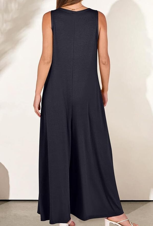 Women Sleeveless Wide Leg Jumpsuit V Neck One Piece Jumpsuit Flowy Jumper Romper