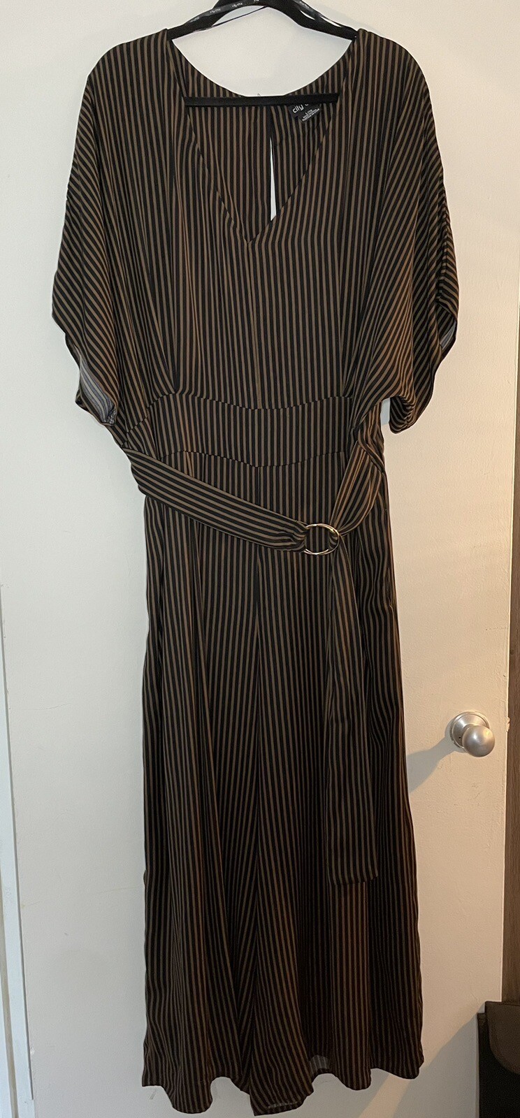City Chic Sz 20 Jumpsuit Doleman Wide Leg Cropped Belted Black & Brown Striped