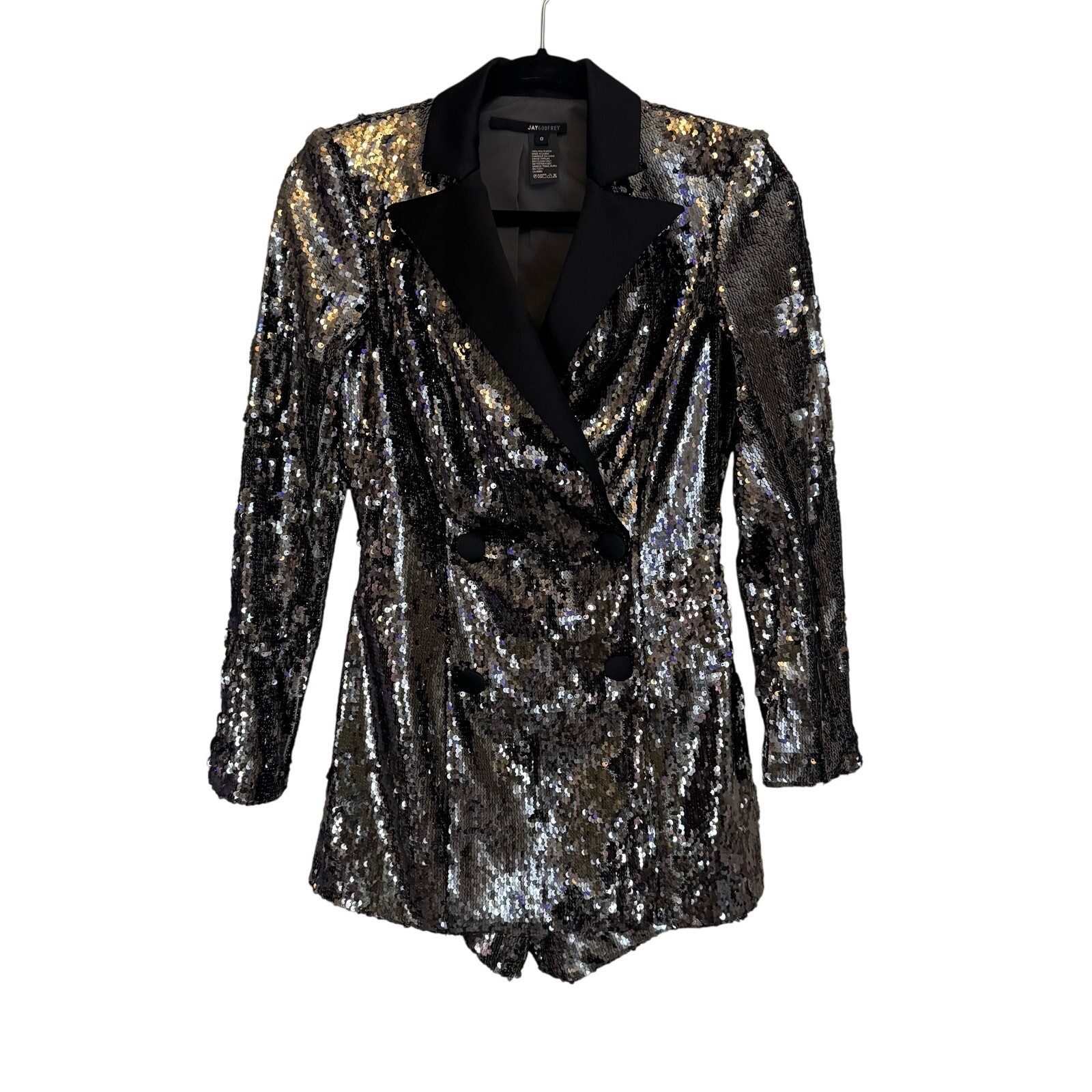 JAY GODFREY Designer Silver Sequin Romper – Blazer Style Playsuit – Size 0