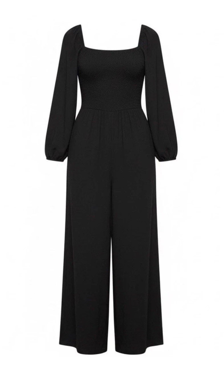 Dokotoo Black On/Off Shoulder Shirred Bodice Peasant Sleeve Wide Leg Jumpsuit S