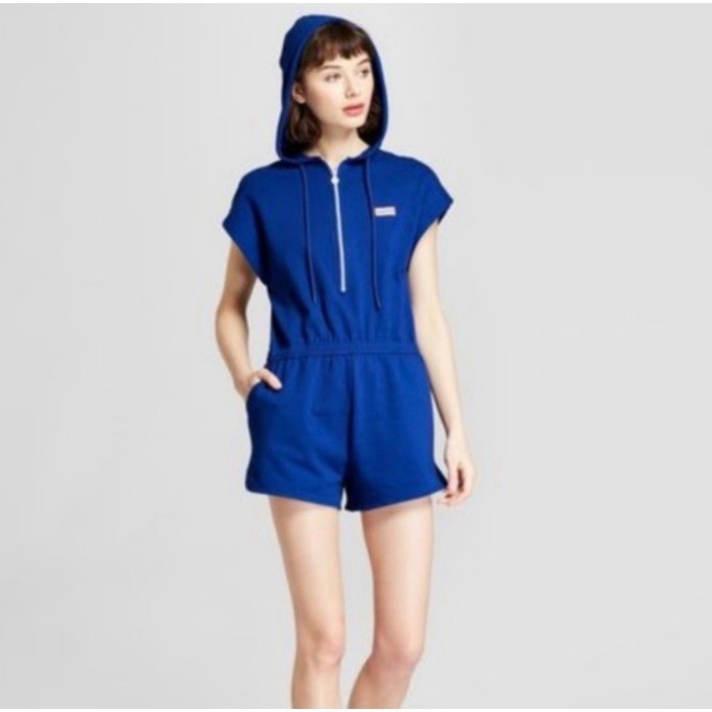 Hunter for Target Womens Hooded Romper Blue Half Zip French Terry Large