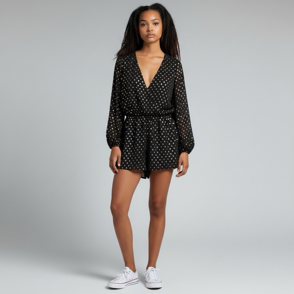 JACK by BB Dakota Romper Womens Large L Long Sheer Sleeve Gold Polka Dot Black