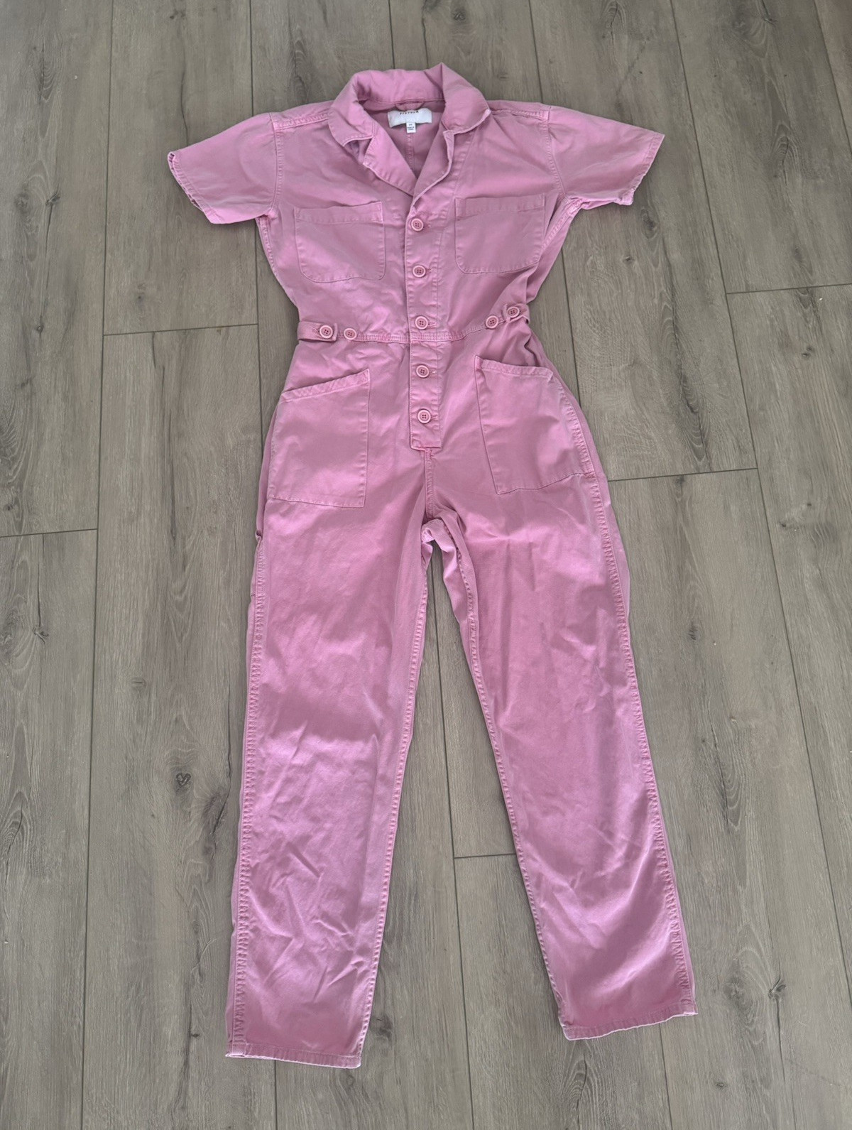 Pistola Pink Denim Cotton Button-Front Jumpsuit XS Long Sleeve Collared Pockets