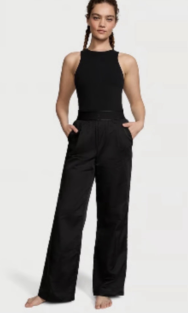 Victoria Secret Lux Black Jumpsuit Racer Back W/ Cut Out Wide Leg Pockets L