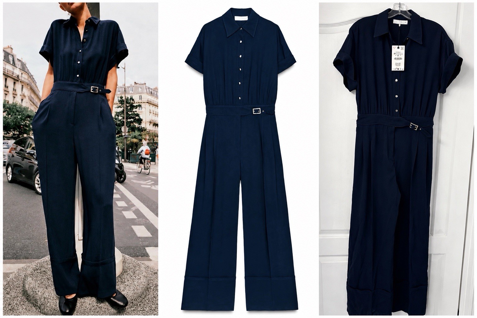 ZARA NWT Navy Belted Collared Jumpsuit Wide Leg Short Sleeve – Medium