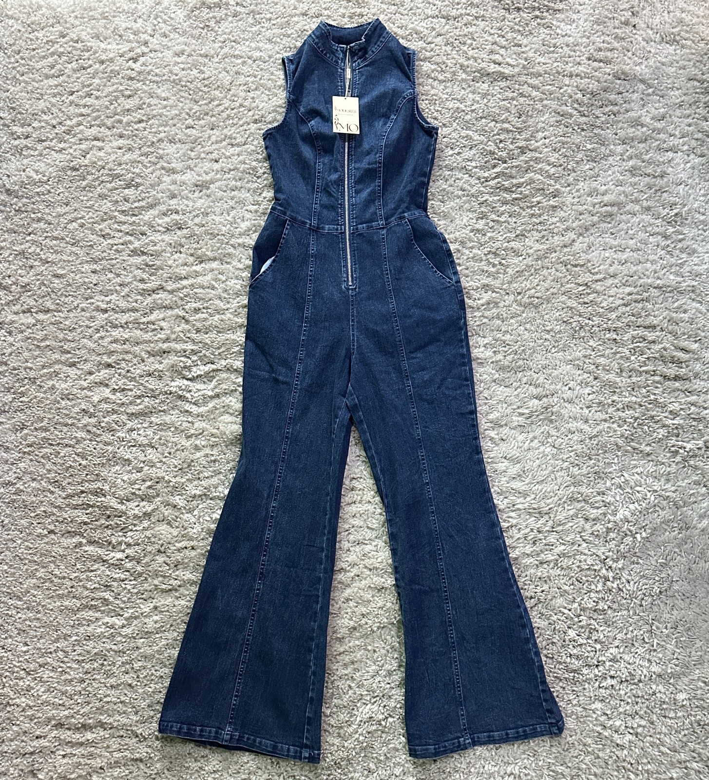 Modesees Denim Jumpsuit Small S Sleeveless Front Zip Flare Leg Dark Wash NWT