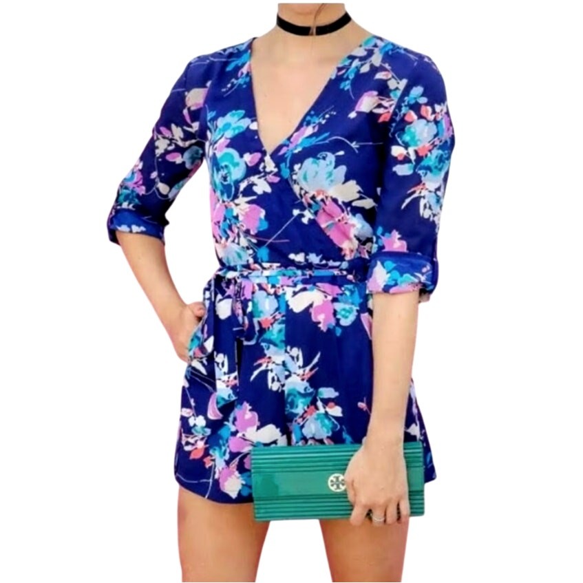 YUMI KIM Liz Silk Blue Floral Romper Size Medium Tailored Boho Wrap