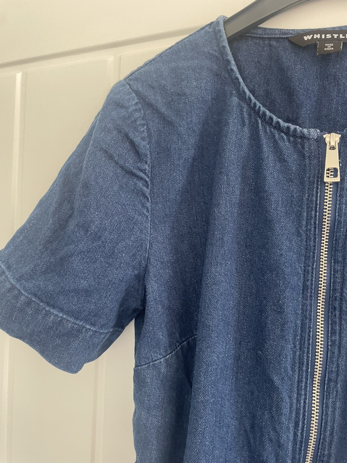 Whistles 100% Cotton Short Sleeve Blue Denim Jumpsuit with Tie Waist, Size UK 8