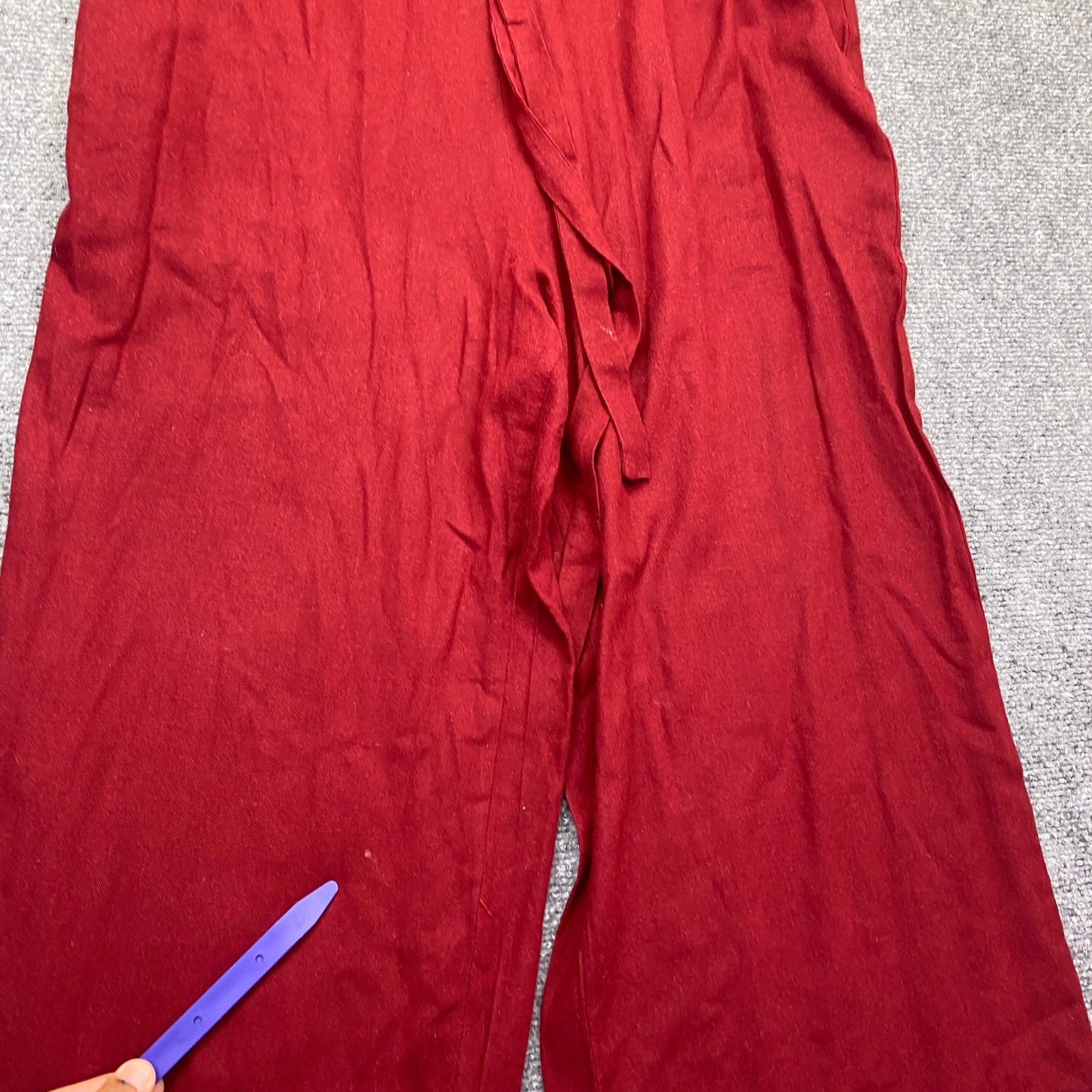 Linen Blend Short Sleeve Wide Leg Jumpsuit Red Wine Button Back Tie Waist