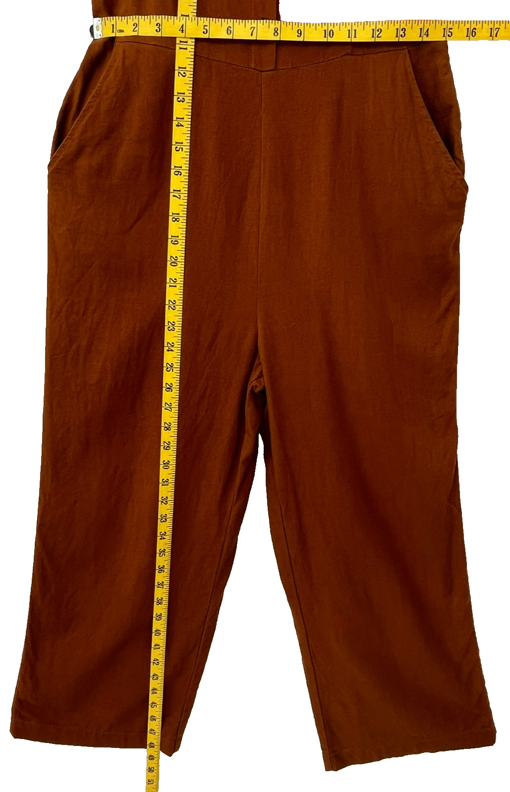 Linen Romper Jumpsuit Cropped Wide Leg Pockets Adjustable Straps Terracotta M
