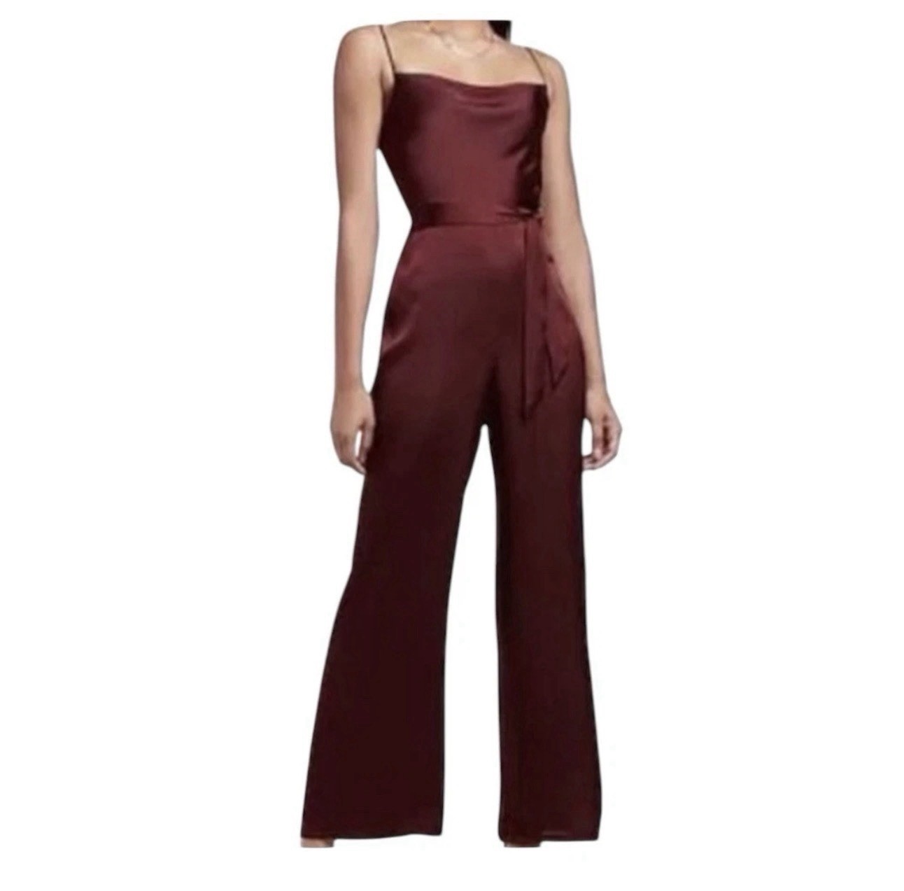 NEW Express Burgundy Cowl Neck Satin Jumpsuit Retro 70’s Wide Leg Evening Sz XS
