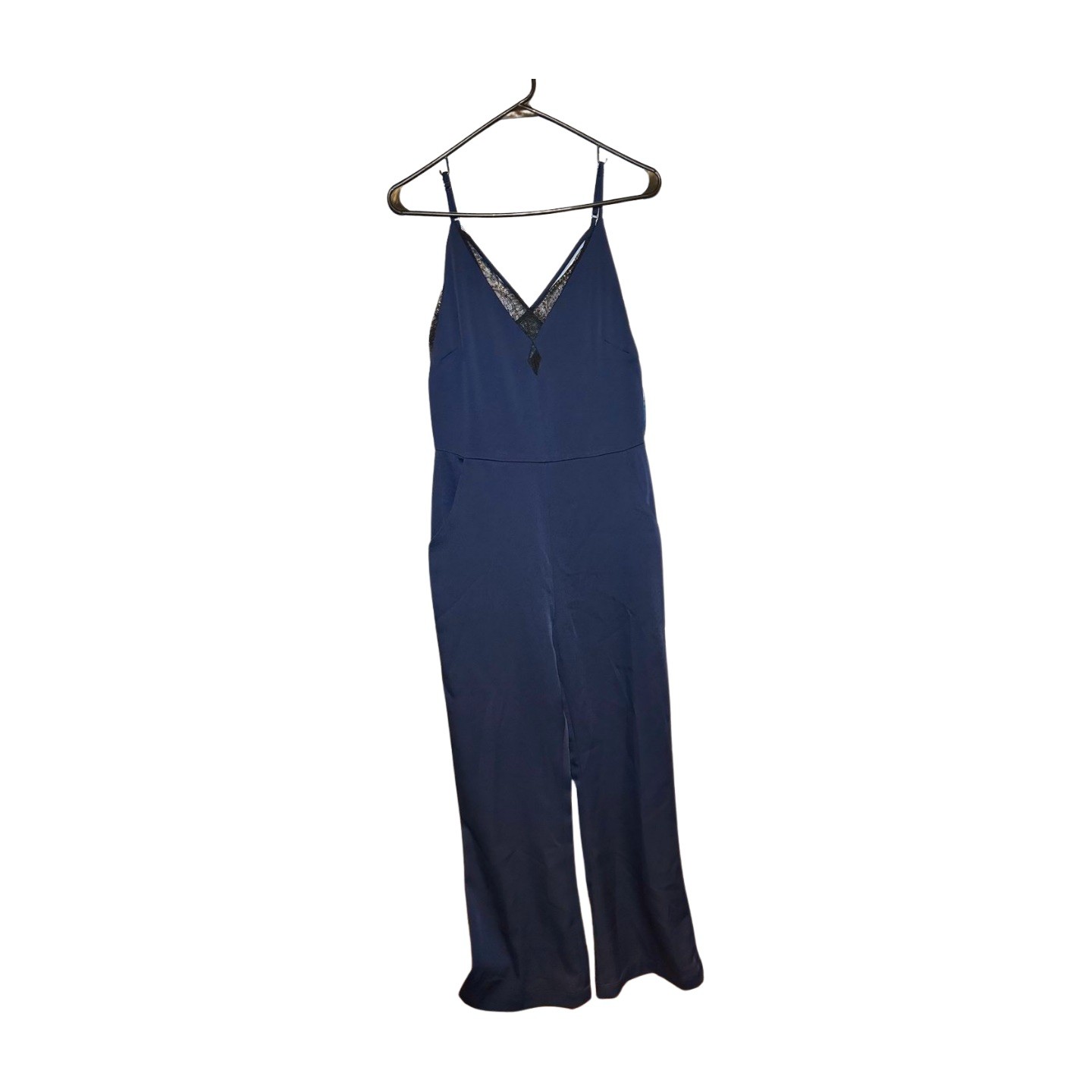 Gianni Bini Women’s Small Mindy Jumpsuit Navy Blue Lace Spaghetti Strap Pockets
