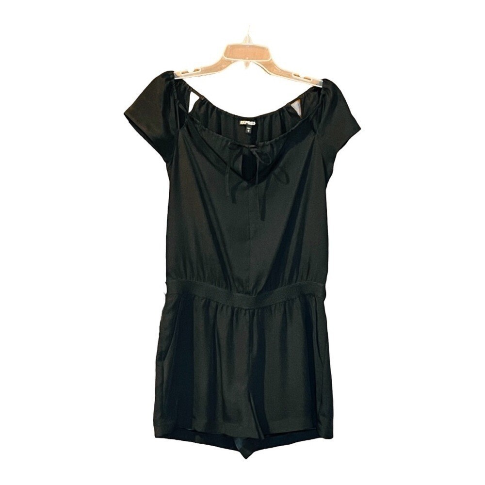 Express Romper Women Small Black Off Shoulder Tie Neck Elastic Waist Pockets