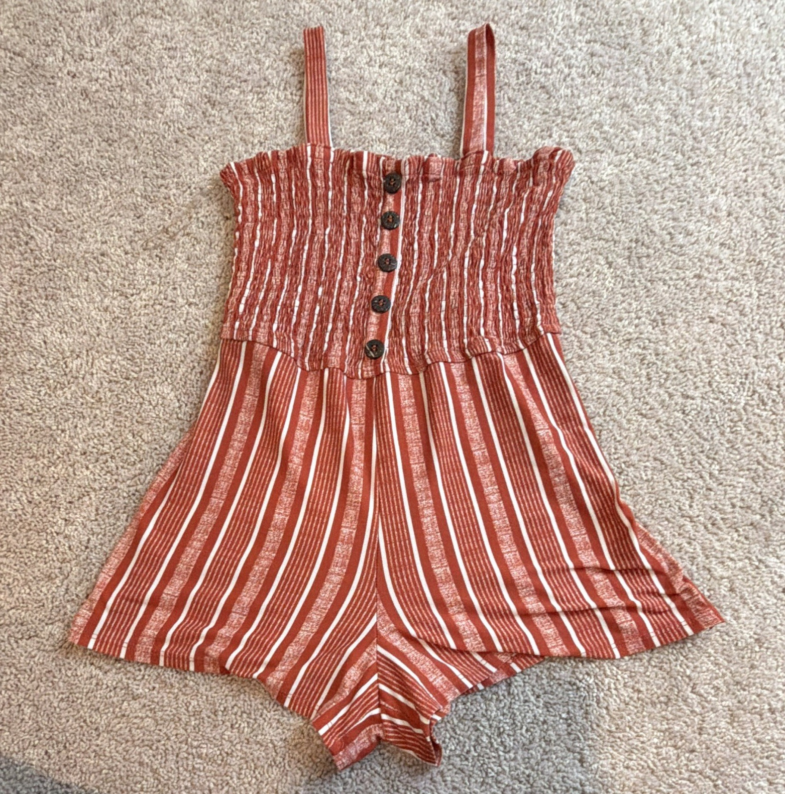 Derek Heart Juniors S Rust/White Striped Smocked Button-Front Romper