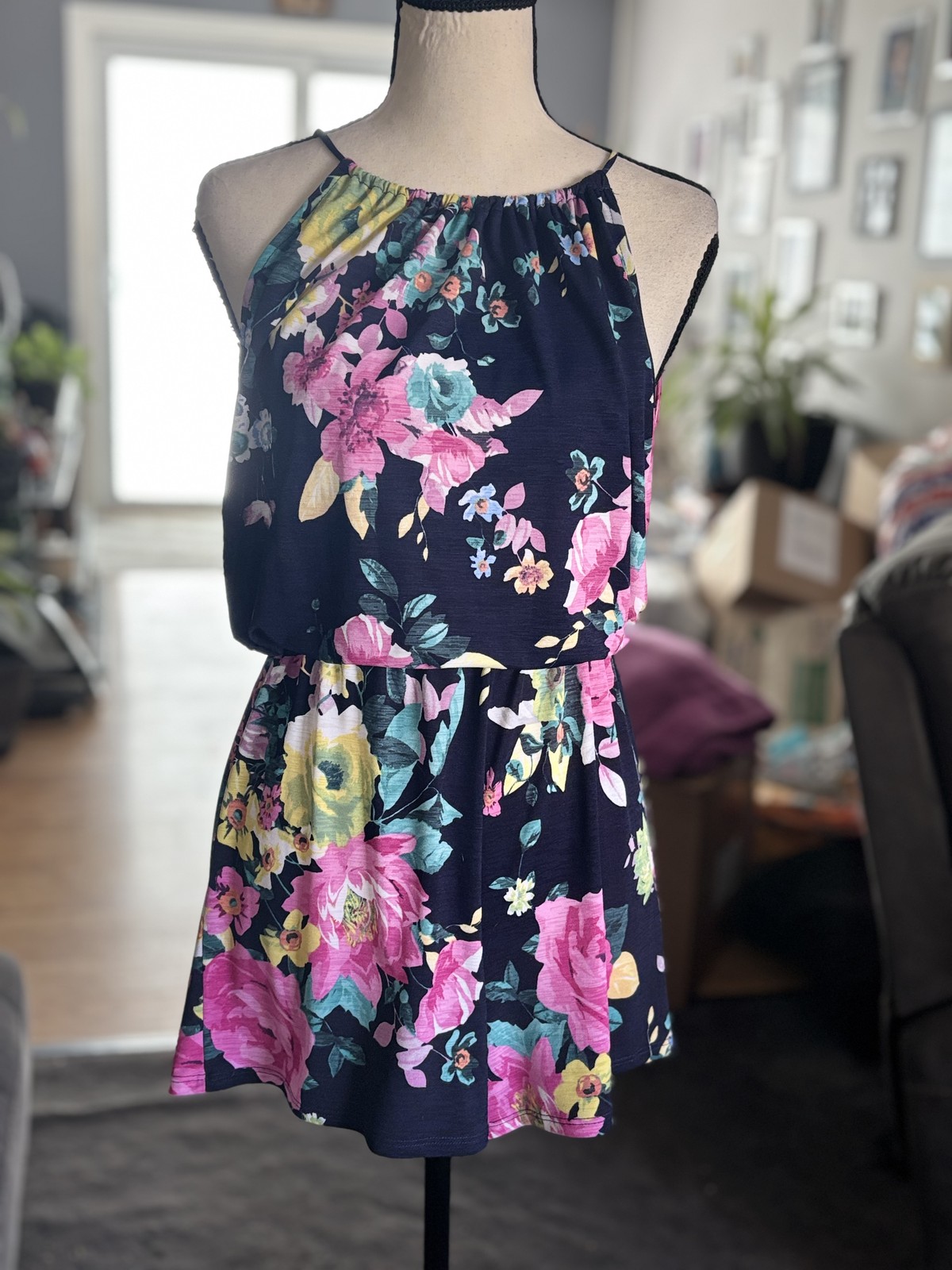 Navy Floral Sleeveless Halter Romper with Keyhole Back