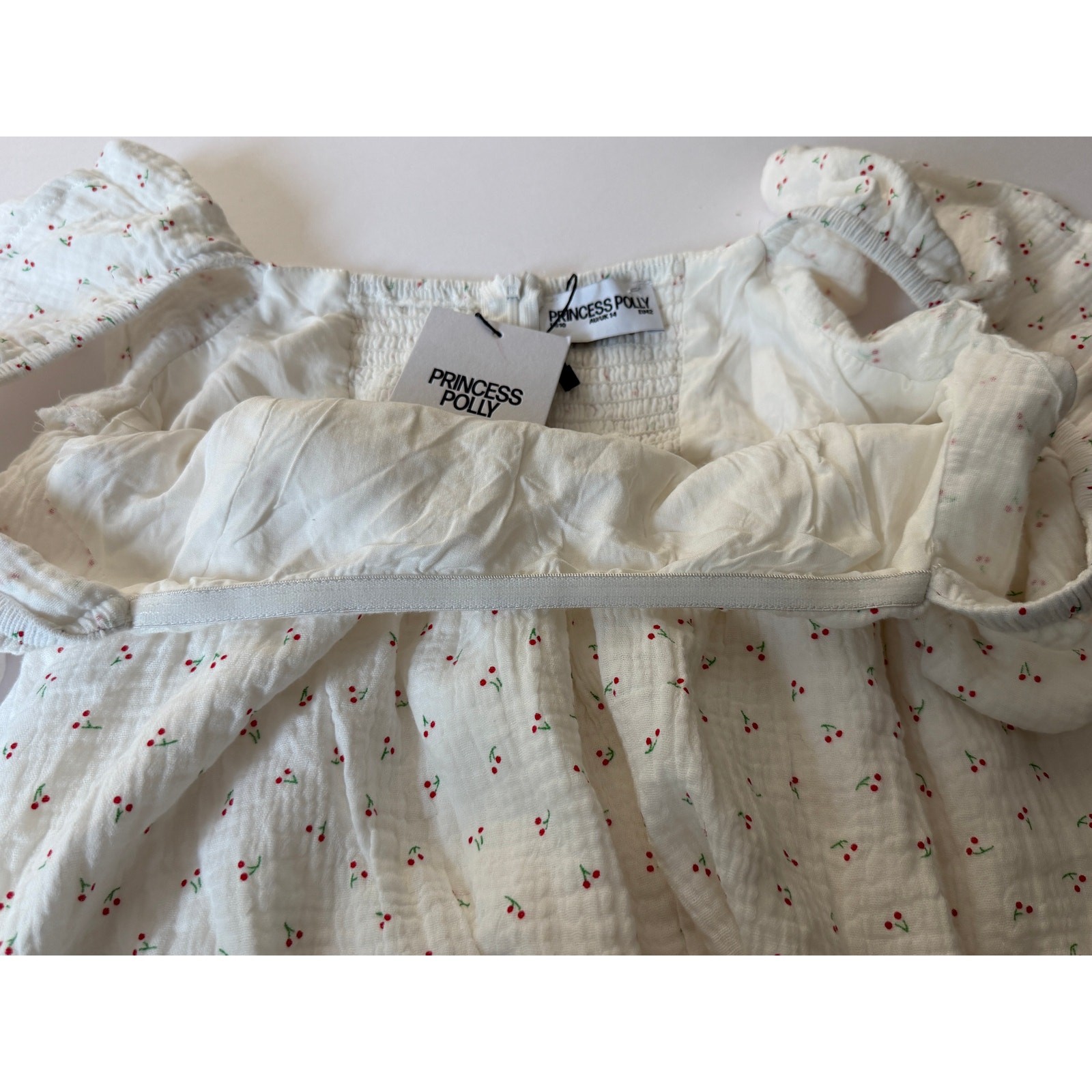 Princess Polly Greeves Romper Womens 10 White Cherry Print Babydoll NWT