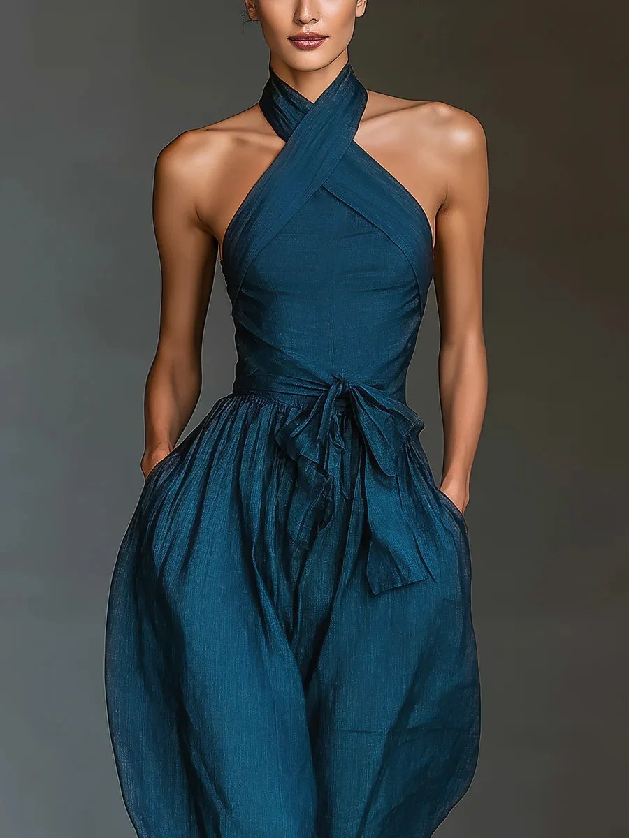 Chic Sexy Ciss Cross Halter Backless Jumpsuit Woman Spring Elegant Tie Waist New