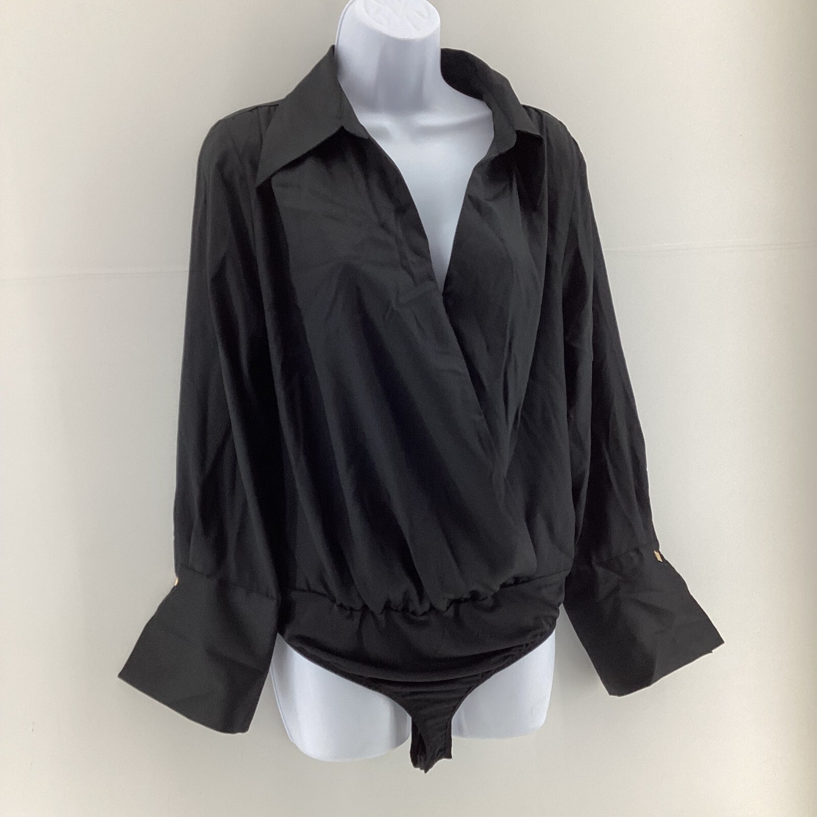 FW Bridge Womens Bodysuit Size 12 Black Collared Long Sleeve V Neck