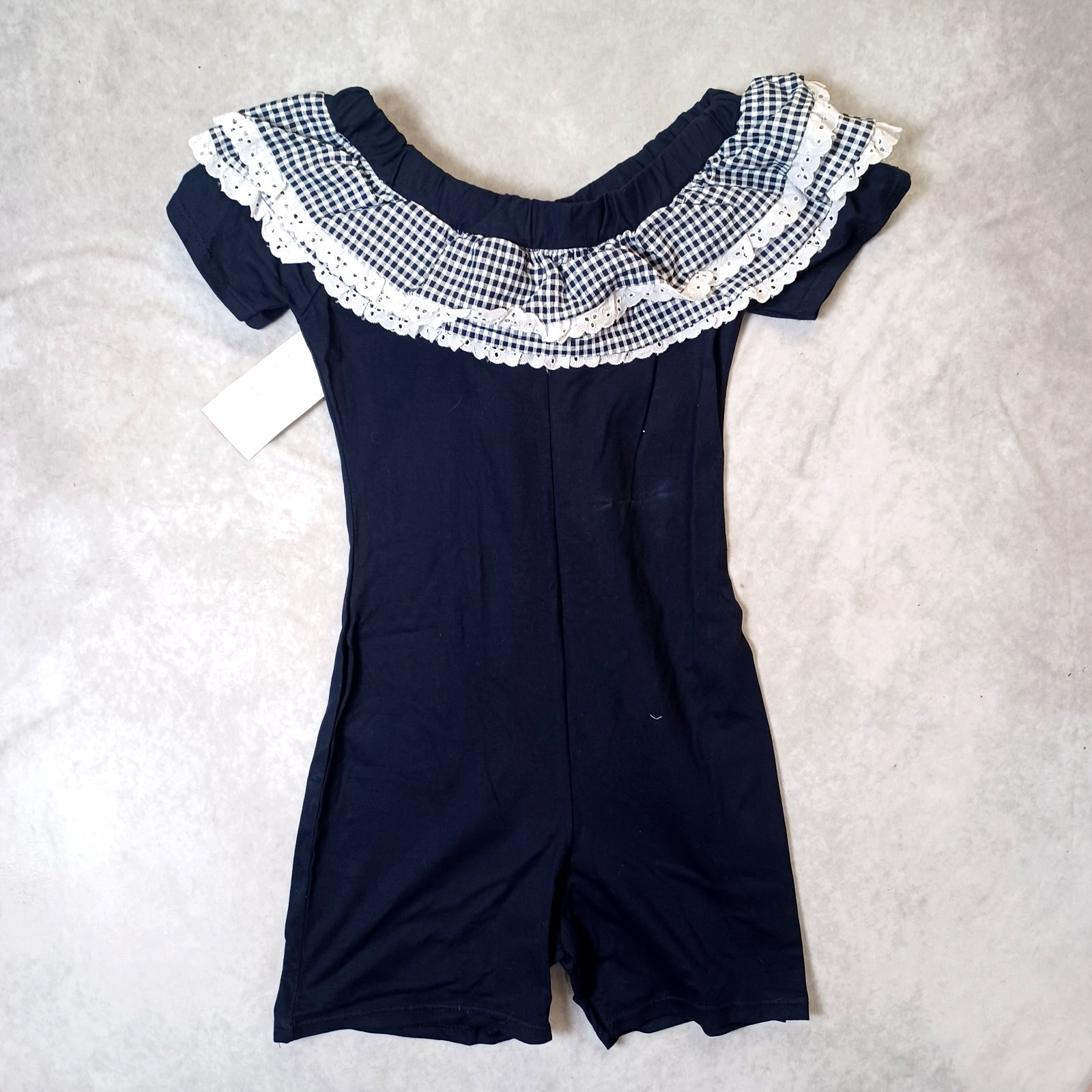 Retro 60s Ruffle Playsuit Romper Womens XS Gingham Off The Shoulder Lolita Navy