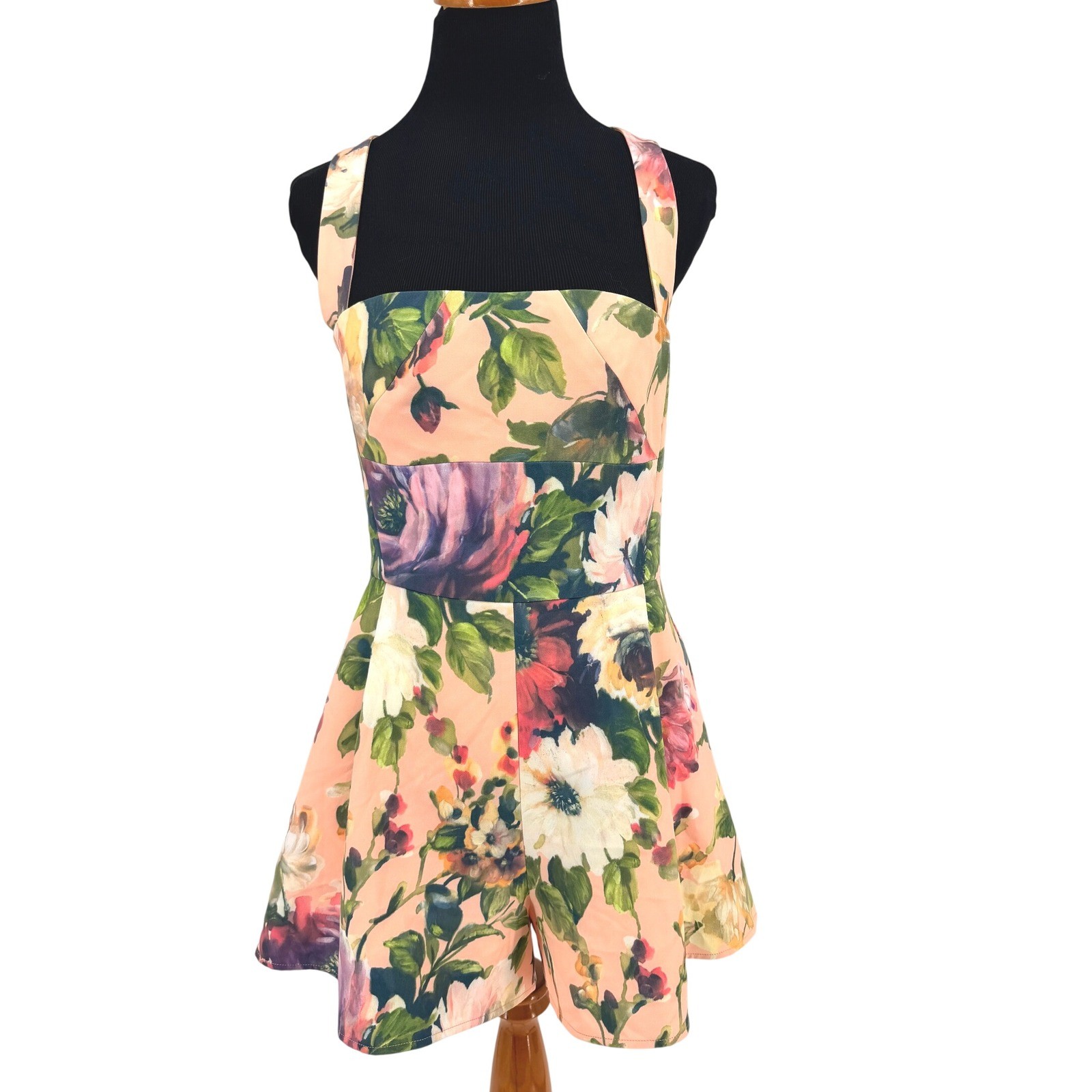 Black Halo Women Peach Floral Print Crossback Romper Sleeveless Size 6