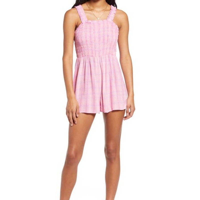 BP. Smocked Bodice Pink Geodot Plaid Womens Shorts Summer Sleeveless Romper Sml