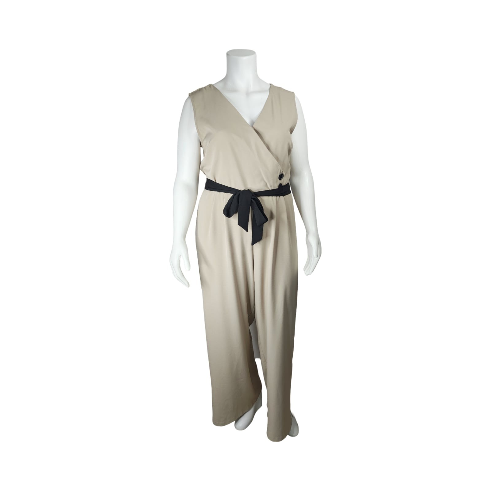 Cato Sleeveless Wrap Jumpsuit Beige with Black Belt 18/20W