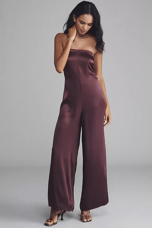 Anthropologie The Fleur Strapless Satin Wide-Leg Jumpsuit Bordeaux Wine Large