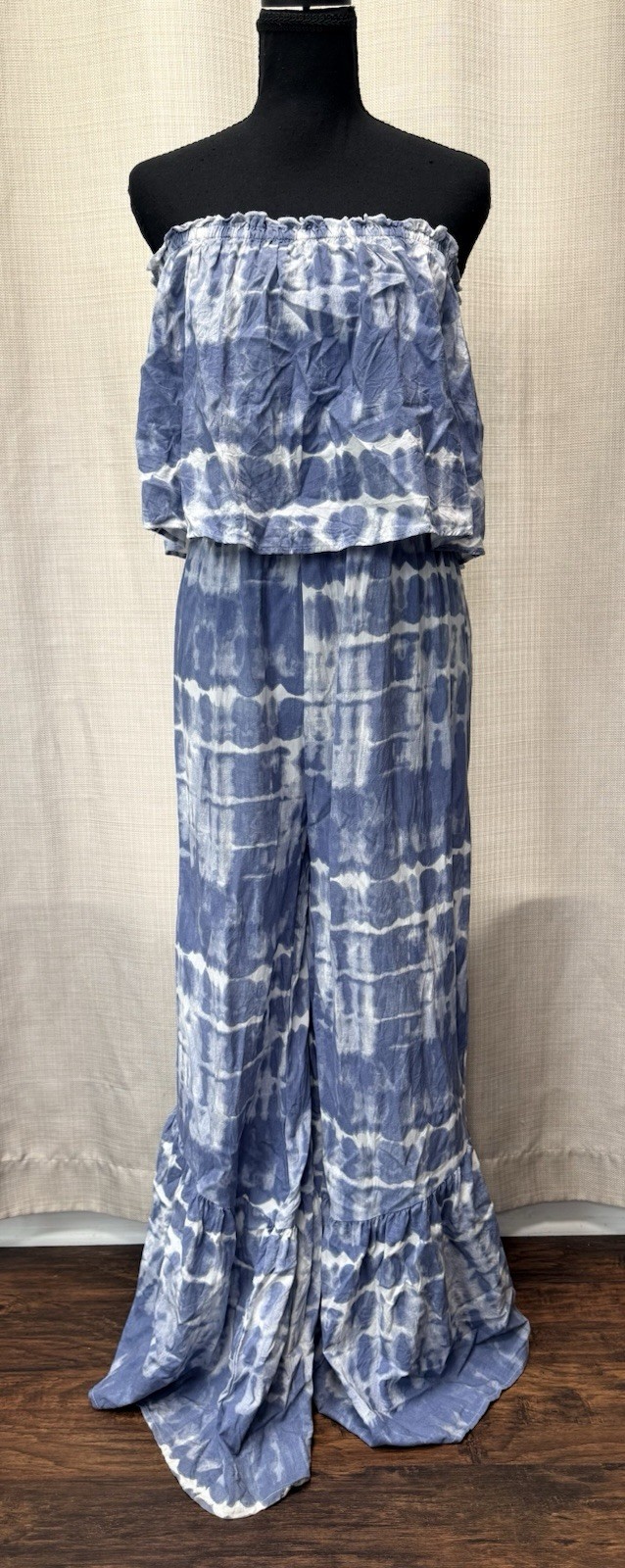 Japna Tie Dye Strapless Jumpsuit Large Blue White Boho Wide Leg Ruffle