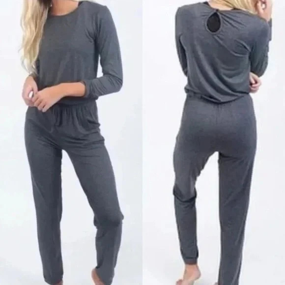 Zyia Active Size Medium Gray Athleisure Loungewear Stretch Long Sleeve Jumpsuit