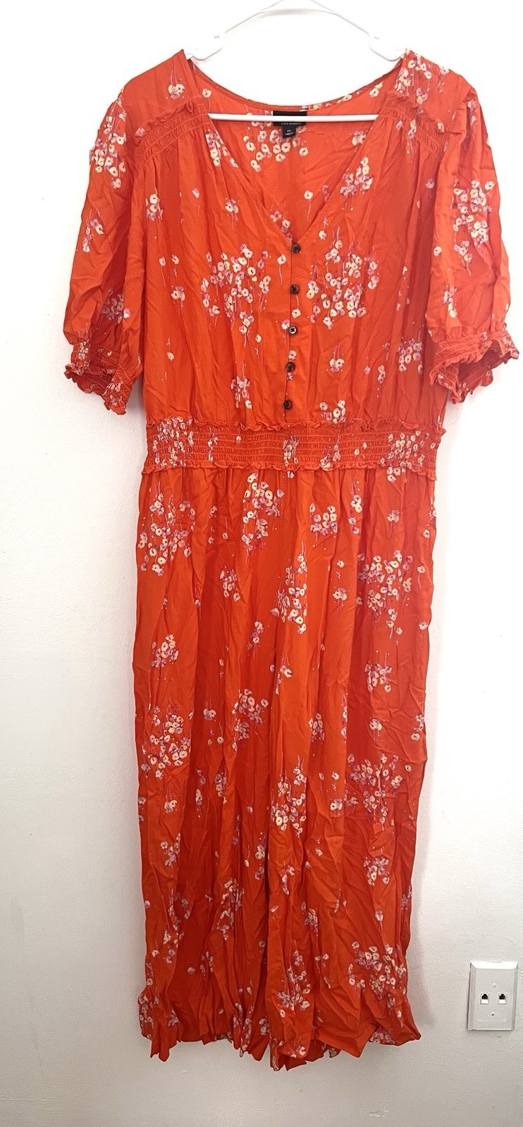 a.n.a A New Approach Womens V-Neck Jumpsuit Wide Leg Floral Orange Size XL
